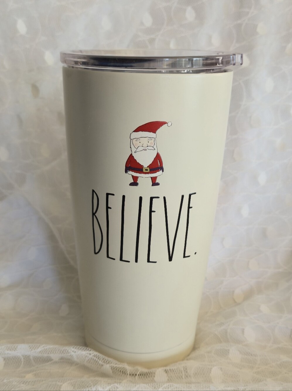 Rae Dunn Cream 7 " Tumbler with Red Santa "BELIEVE"